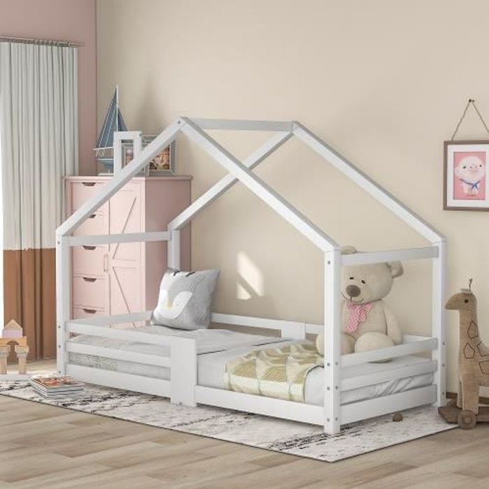 Lit pour enfant forme maison cabane avec matelas en mousse avec barrière  anti chute en bois de pin contreplaqué 90x200 cm Naturel 03_0005479