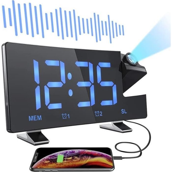 RADIO RÉVEIL PROJECTION Plafond 180° Horloge Numérique FM USB