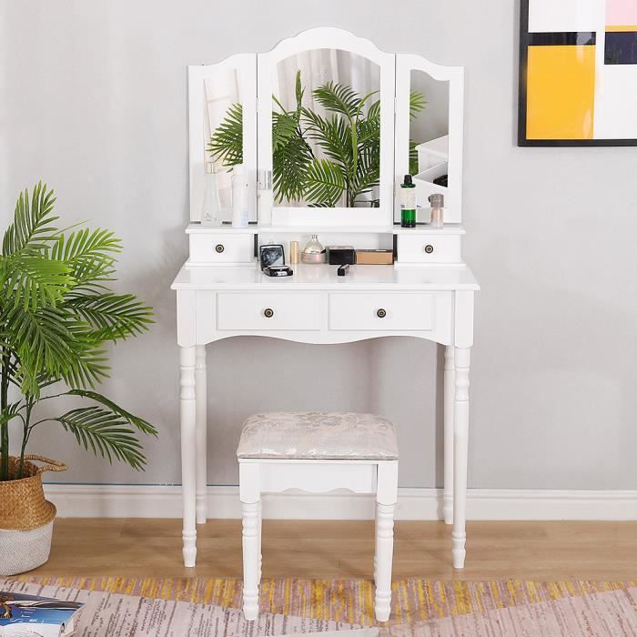 meuble coiffeuse avec miroir table de maquillage avec tabouret coiffeuse femme en mdf blanc cdiscount maison