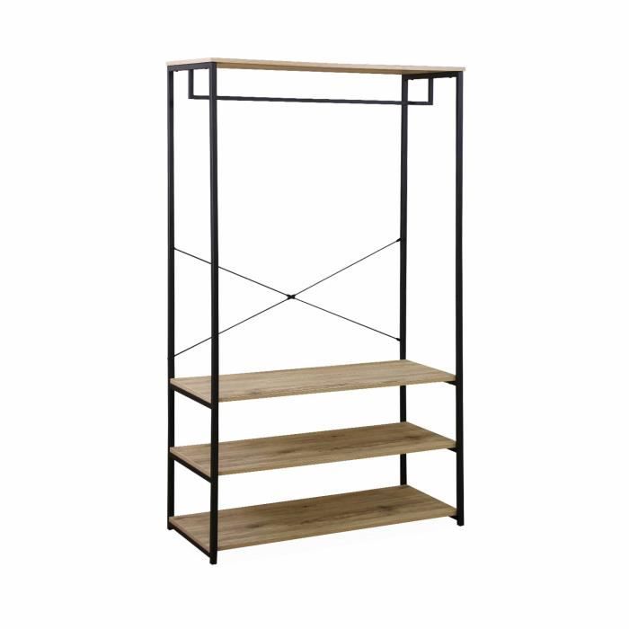 dressing - sweeek - loft - métal noir et décor bois - 3 étagères - barre de penderie