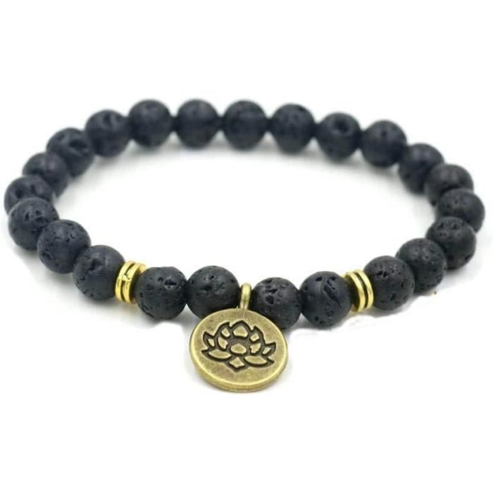 Bracelet Extensible En Pierres Naturelles Lave Et Onyx Noir Avec Breloque Hibou - 19 Cm, Unisexe - 9