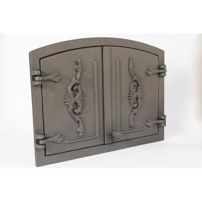 Porte De Four En Fonte Noire Mat Et Bois - Pour Cheminée Ou Poêle - Neuf