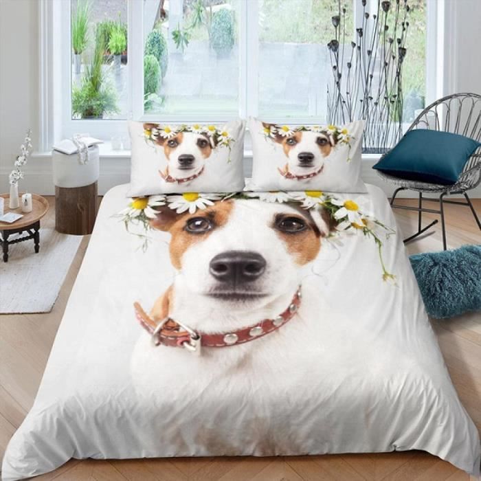Housse De Couette 140x200 Jack Russel Terrier Parure De Lit 1 Personne Enfant Chien Animal Impression En 3D Motif Microfibre Avec Fermeture éclair Fermée Et 2 Taies D'oreiller