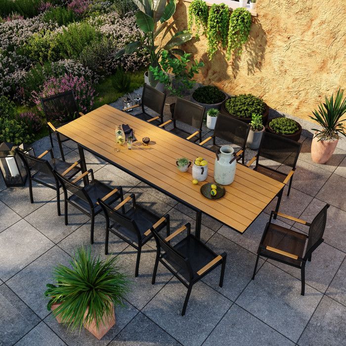 Table de jardin extensible aluminium noir 200/300cm + 10 fauteuils empilables textilène - MARCEAU