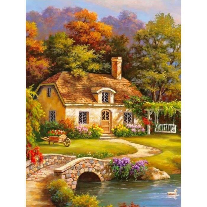 Kit Peinture Diamant 5D DIY - Paysage Lac Ville, 30x80 Cm, Strass Ronds, Parfait Déco Salon Ou Cadeau