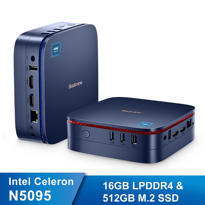 Mini PC Blackview MP60 Intel Celeron N5095 2.9GHzWindows 11 Pro16Go LPDDR4/512Go SSD Mini Ordinateur de bureauWi-Fi 2.4G+5G Bleu