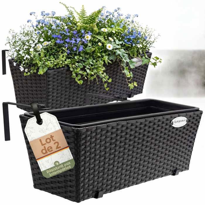 2x Bac à fleurs en polyrotin CASARIA® noir Jardinière pour balcon Pot de fleur avec fixation Terrasse Fenêtre Balustrade