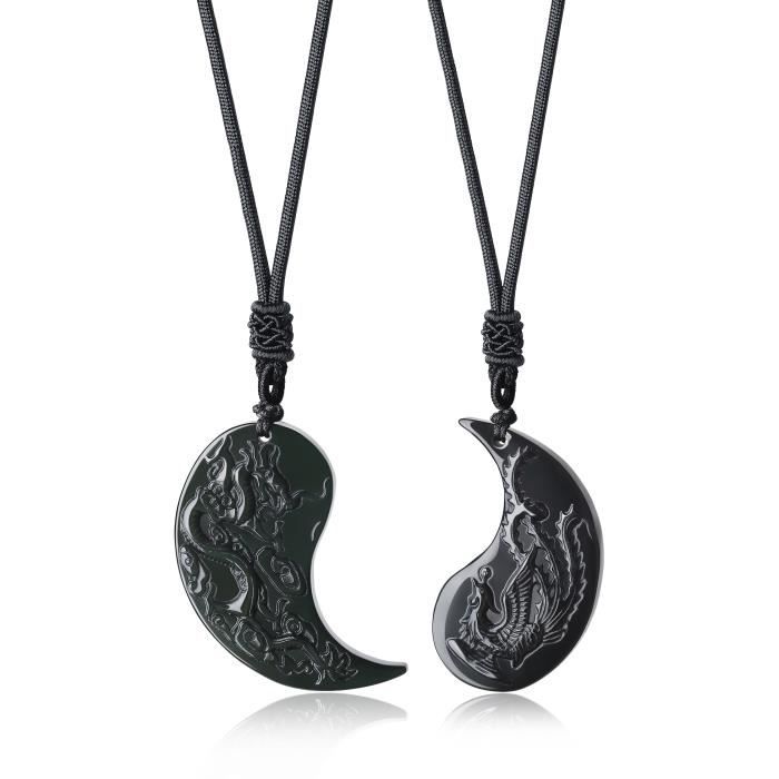 coai colliers pour couples pendentifs obsidienne noire dragon phénix cordon ajustable