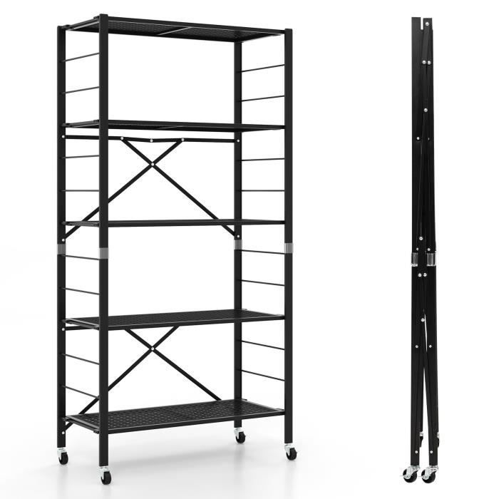 COSTWAY Étagère de Rangement Pliante avec Roues Etagère charge lourde avec Étagère Réglable en Hauteur pour Cuisine Salon Garage