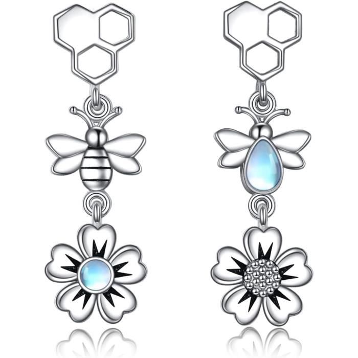 Boucles D'oreilles Argent Sterling 925 - Pierre De Lune Et étoile à 8 Branches, Bijou Délicat Pour Femme/fille