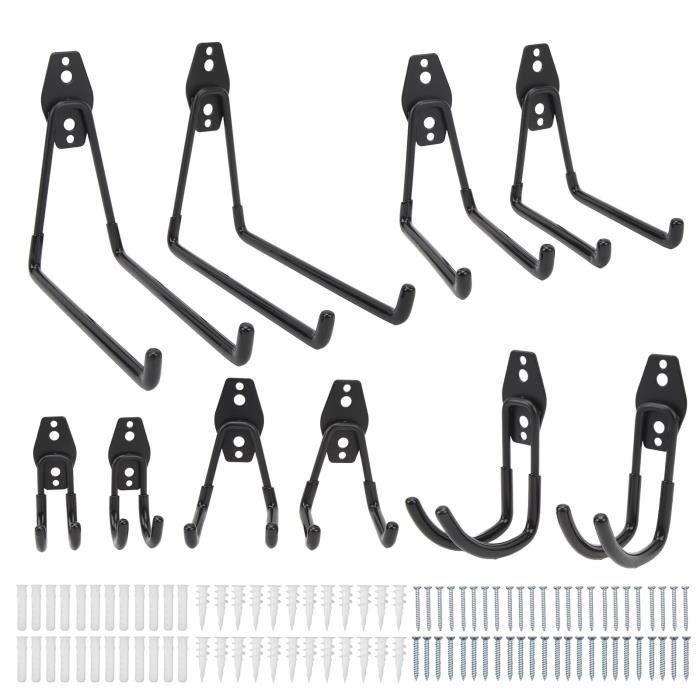 Lot De 4 Crochets De Garage Extra-longs 25 Cm (10") - Montage Mural, Revêtement Poudre, Charge 40 Kg, Pour Outils, Pneus, Câbles