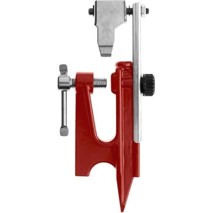 Etau d'affutage à pointe pour enfoncement dans un tronc et fournis avec butée de maillon