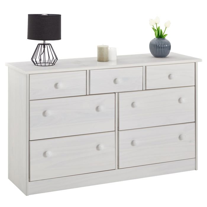 Commode RONDO bahut buffet meuble de rangement avec 3 petits et 4 grands tiroirs en pin massif lasuré blanc Commode RONDO bahut buffet meuble de rangement avec 3 petits et 4 grands tiroirs en pin massif lasuré blanc