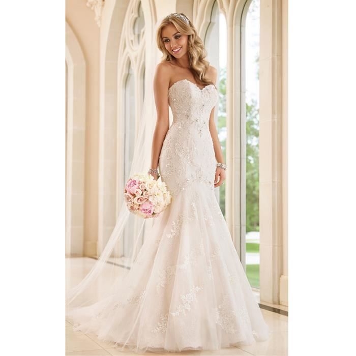 Robe De Mariée Mariage Soirée Longue Traîne Bustier En Cœur Forme Sirène Dentelle Tulle Avec Strass Perles Haute C