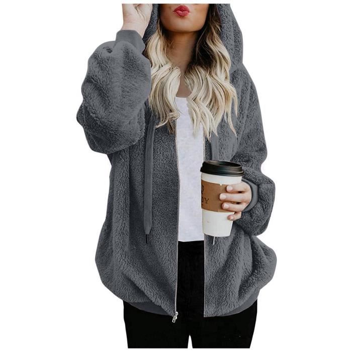 Vestes d'hiver en polaire pour femme avec fermeture éclair intégrale, sweat à capuche décontracté avec poches, manteau pelucheux tendance, Gris