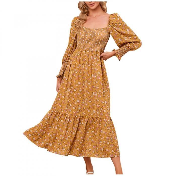 Robe Femme Robe a Manches Longues pour Femme Robe a Col Carre et a Manches Volantees Robe Printaniere a Volants Superposes Robe B jaune Cdiscount Pret a Porter