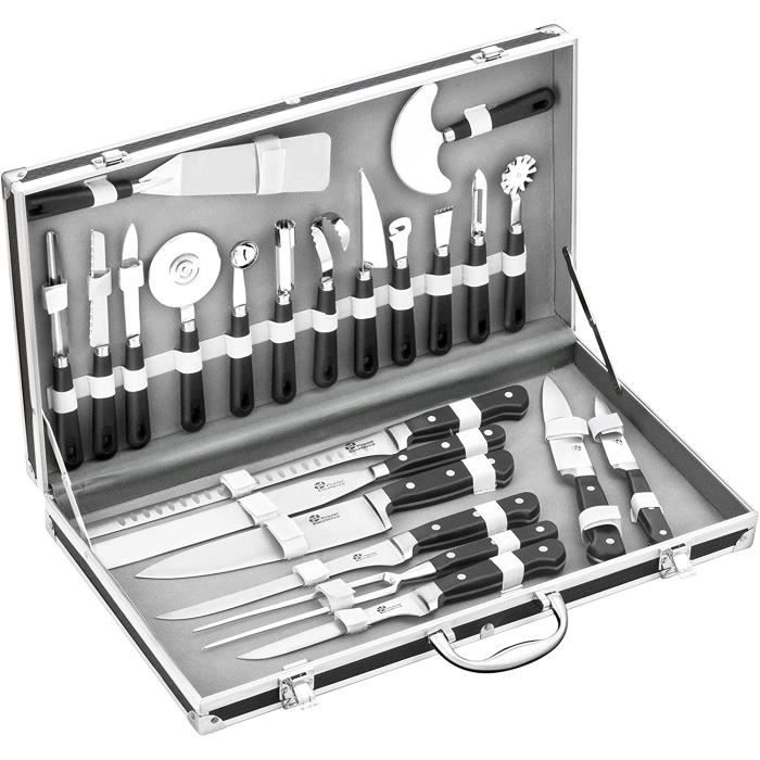 Pradel Excellence - Valise Cuisinier 22 Pieces - 15 Ustensiles et 7 Couteaux de Cuisine - Noir