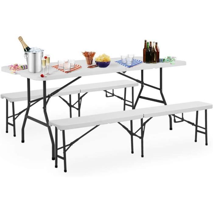 Table Et Bancs De Camping Pliables VOUNOT 180 Cm - HDPE Blanc - Ensemble 3 Pièces