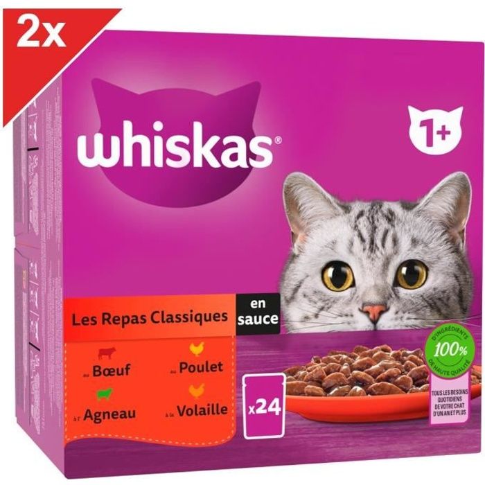 WHISKAS 48 Sachets fraîcheur en sauce 4 variétés classiques pour chat 85g (2x24)