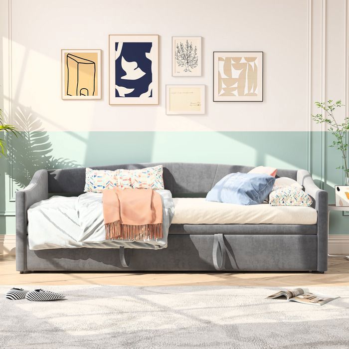 Lit Gigogne 90/180x200 Cm - Lit Capitonné Canapé-lit Extensible Avec Sommiers A Lattes Lit Multifonctionnel En Tissu Velours Agreable A La Peau Beige 72827318