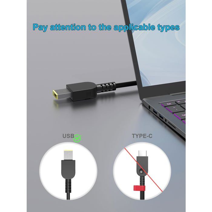 Chargeur 90W Pour Lenovo ThinkPad Et IdeaPad - Compatible Nombreux Modèles, Connecteur Carré Jaune - 7