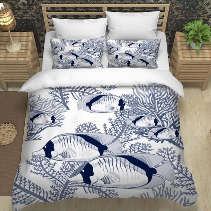 Housse De Couette Enfant 140x200 Cm Motif Poissons Koi Et Cerisiers - Microfibre Douce, Avec Taie D'oreiller, Noir/rouge