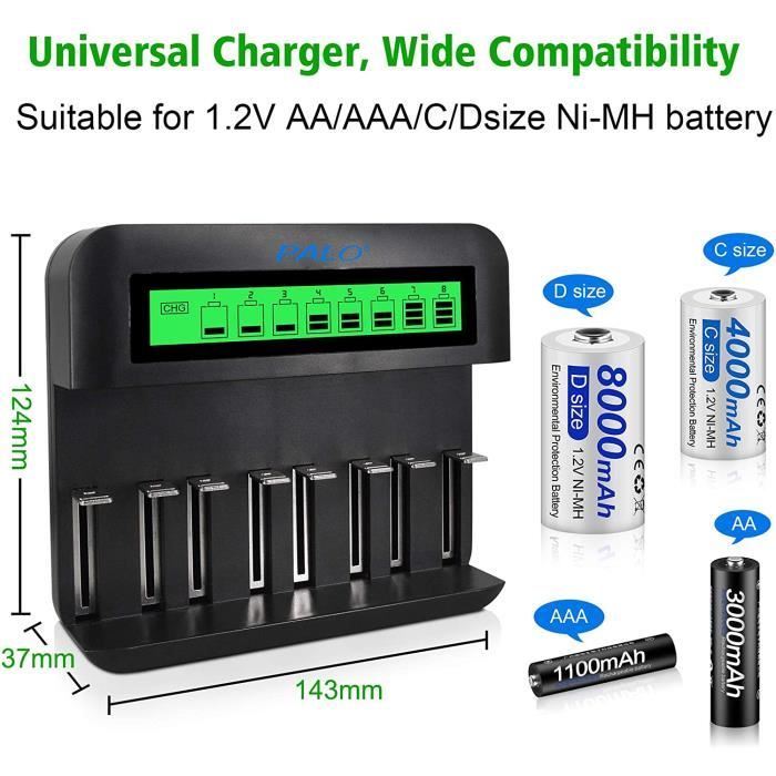 CHARGEUR DE PILES Chargeur Universel LCD,pour Batteries 8 AA-AAA ou 4  C-D,Canal de Charge indépendant Via Chargeur Rapide avec 4 P