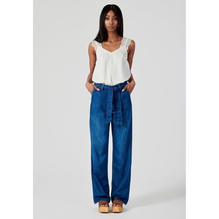 Jean bleu taille haute femme KAPORAL Brina Coupe wideleg Ceinture imprime floral Touche fluide Bleu Cdiscount Pret a Porter