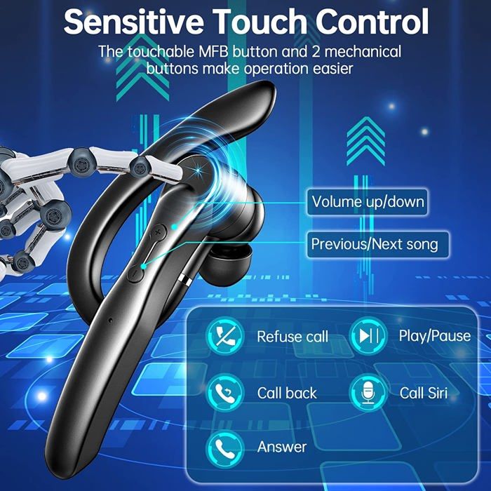 Écouteur Bluetooth Mono (un Seul) - Bluetooth 5.3, Micro Intégré, étanche IPX4 - Autonomie 20h - Noir - Pour Appels, Musique, Assistant Vocal