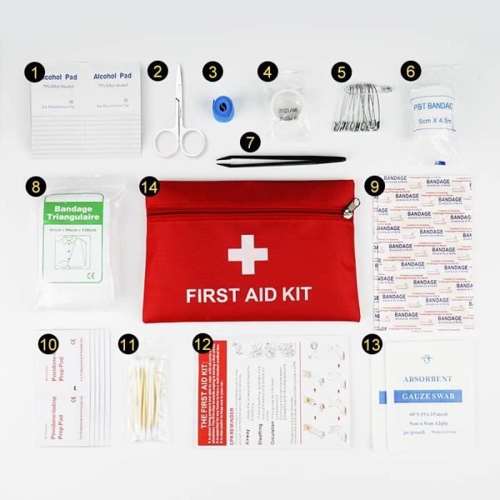 Trousse Premier Secours 14 Pièces – Compacte, Légère (0,35 Lb), Certifiée CE/FDA, Imperméable, Idéale Voyage, Randonnée, Bureau