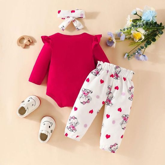 Ensemble Vêtement Bébé Fille 0-18 Mois - Body Manche Longue + Robe Salopette + Bandeau - Motif éléphant - Parfait Pour L'automne