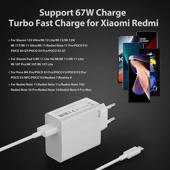 67W Chargeur Rapide Avec Câble Usb C 1M Pour Redmi Note 11 11S,Chargeur  Turbo Pour Xiaomi 11T-Mi 11 Ultra-12S Ultra-12 Lite-1[u649] - Cdiscount  Téléphonie