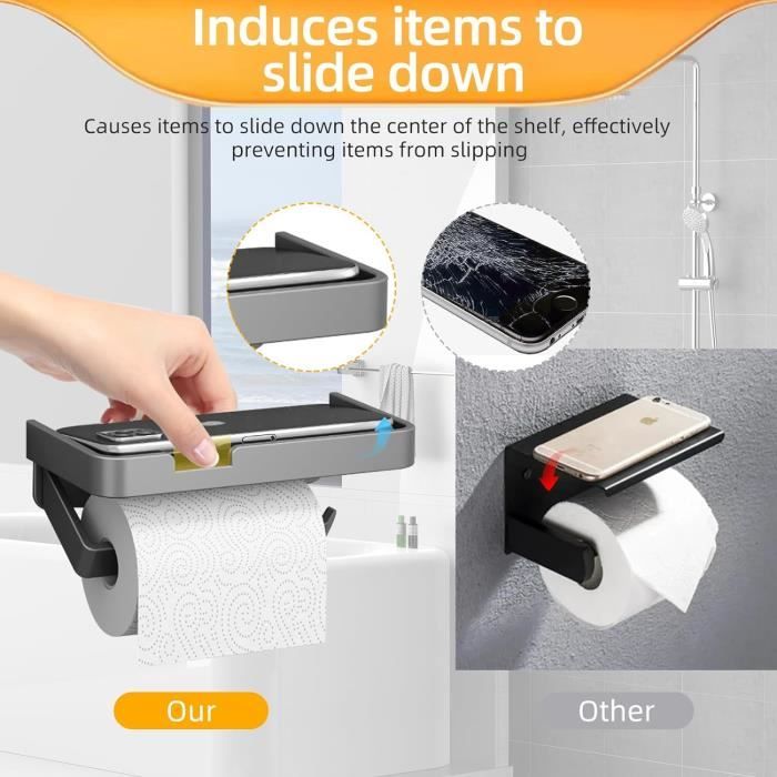 Porte Papier Toilette Noir 4 En 1 – Sans Perçage, Avec Boîte Lingettes, Support Téléphone, Acier Inox