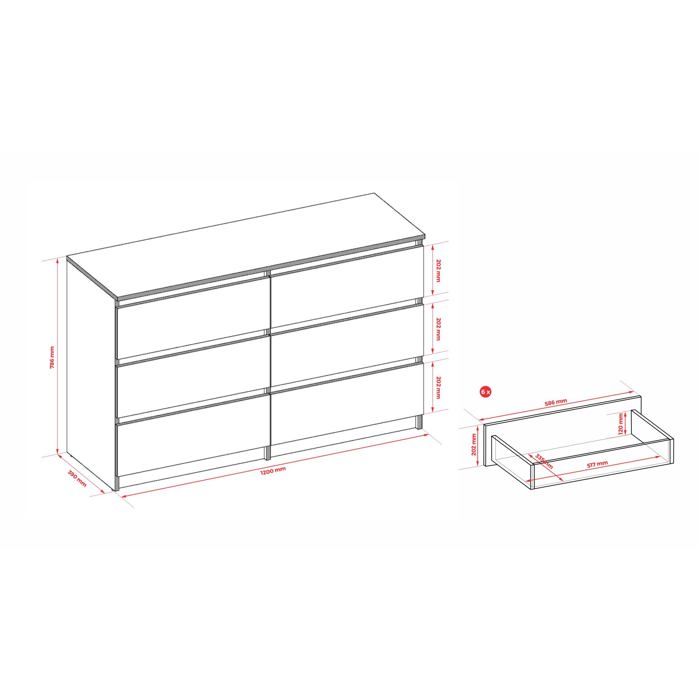 Commode 6 tiroirs 120cm, Couleur: Blanc mat, buffet salon, commode ...