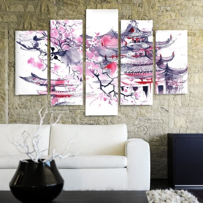 Tableau Décoration Murale Paysage japonais 5 Parties 200x100 cm Art ...