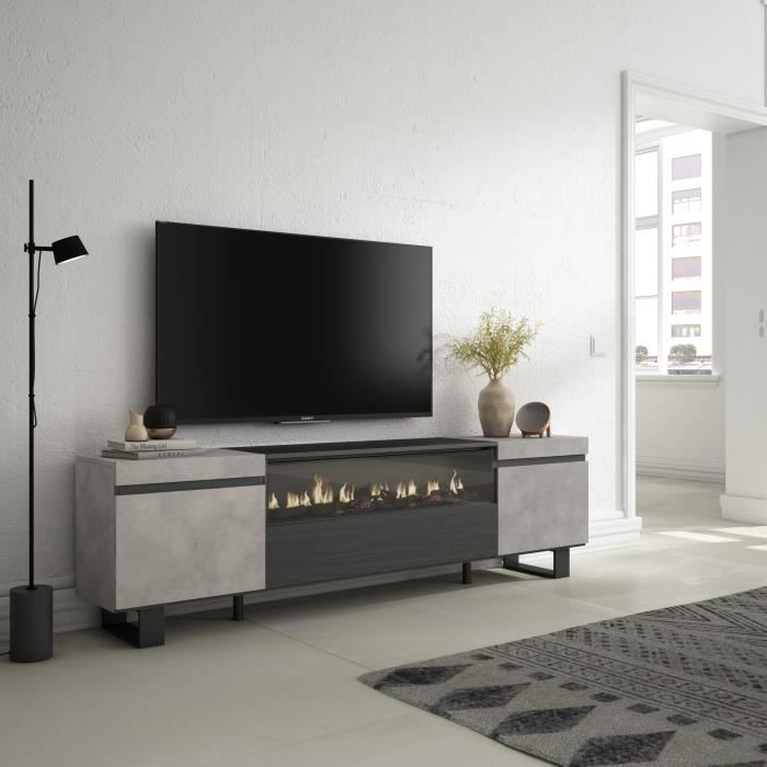 Meuble TV, Banc Télé, 150x45x35cm, Pour les TV jusqu'à 65, Cheminée  électrique, Suspendu, Mural, Blanc et noir