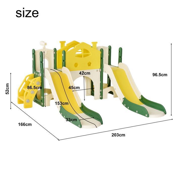 Toboggan pour enfants 5 en 1, avec panier de basket et structure d'escalade télescopique, gris