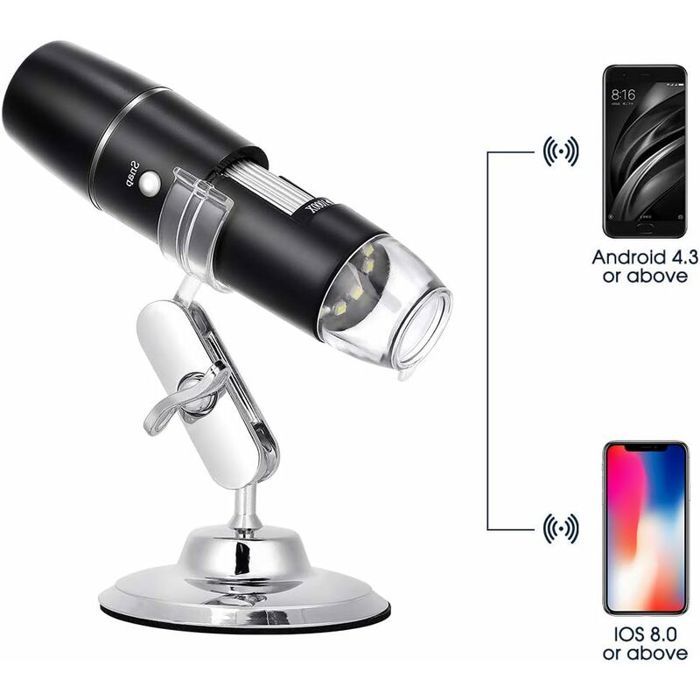 Microscope Numérique Sans Fil WiFi - Grossissement 50x à 1600x, 8 LED, Support Métal, Portable Pour Smartphone - 8