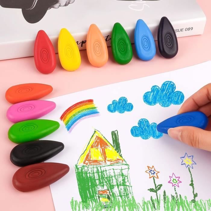 12 Crayons De Cire Lavables Pour Enfants – Forme Goutte D’eau – Faciles à Tenir – Dès 3 Ans – Couleurs Vives – Imperméables