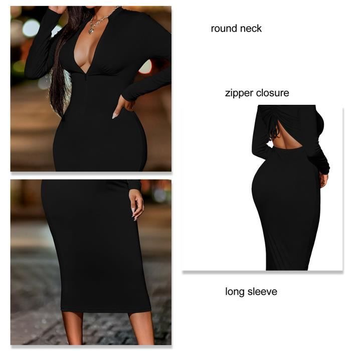 Keenso Robe moulante a manches longues avec fermeture eclair sur le devant Deep V Neck Zip Front Long Sleeve vetements robe Black Cdiscount Pret a Porter