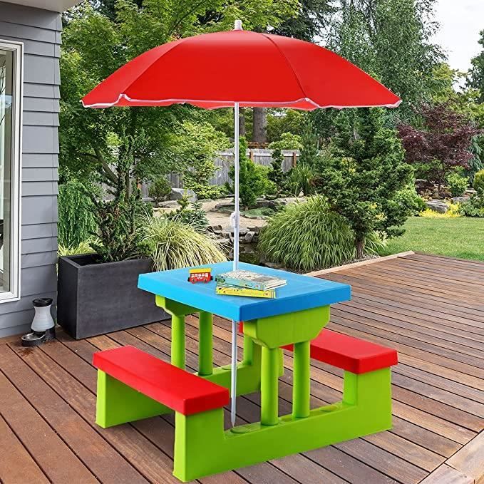COSTWAY Table De Pique-Nique Enfants Avec Parasol Amovible - 1 Table + 2 Bancs Colorés - 107 X 107 X 137 Cm