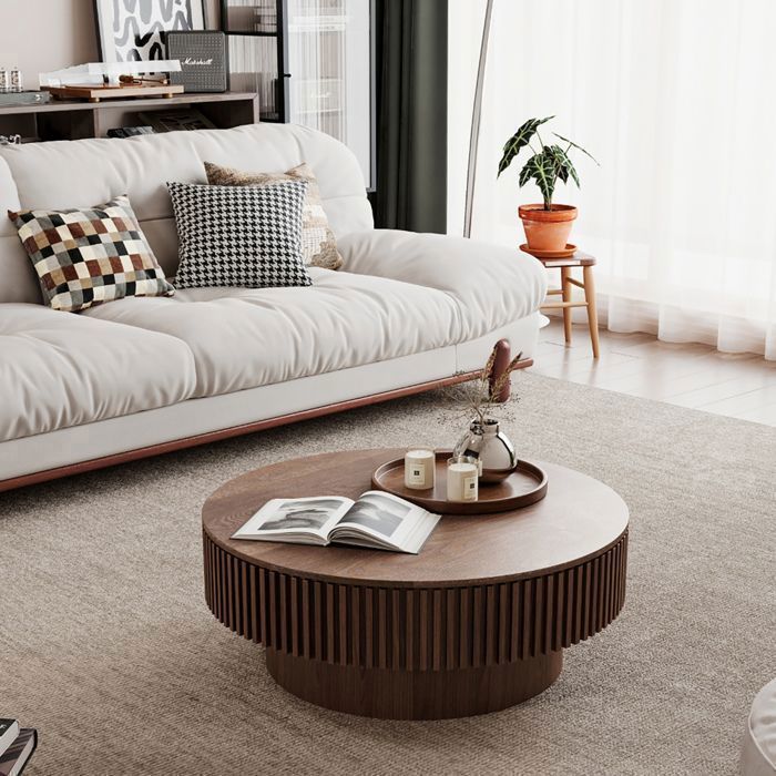 Table basse ronde noyer avec rangement intégré et design cannelé ...