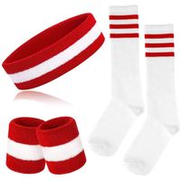 Lot de 3bandeaux éponge rayés avec1paire de chaussettes,bandeau de sport,bandeau de fitness,bracelets en éponge,Rouge/blanc/rouge