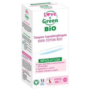 TAMPON HYGIÉNIQUE LOT DE 5 - LOVE GREEN - Tampons Hypoallergéniques et Coton Bio Avec Applicateur Normal - paquet de 16 tampons