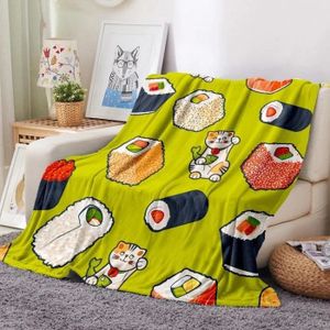 COUVERTURE ANIMAUX Sushi Fortune Chat Gourmet Cartoon Vert Plaid Couv