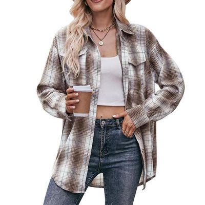 Chemise à carreaux à manches longues pour femme, Streetwear, ample, avec poches, à col boutonné, style rétro, automne et printemps / Chemises et chemisiers Chemise à carreaux à manches longues pour femme, Streetwear, ample, avec poches, à col boutonné, style rétro, automne et printemps / Chemises et chemisiers