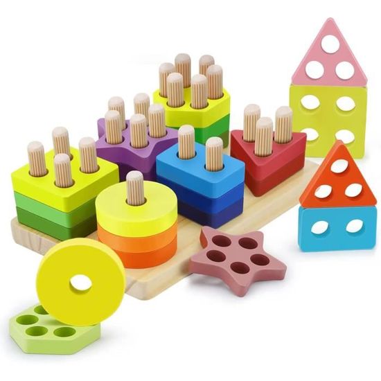 Jouet Montessori En Bois – Empilage Et Tri Formes Couleurs Pastel – Pour Bébés 12-18 Mois – Éveil Motricité Fine