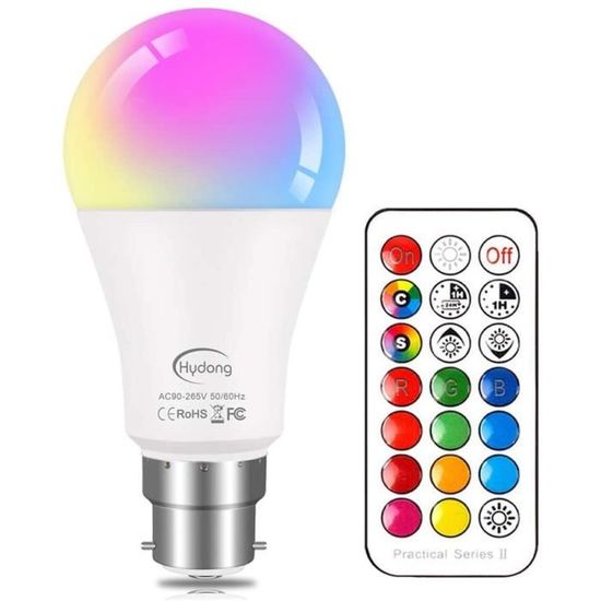 Ampoule LED Couleur B22 10W Changement de Couleur Dimmable LED Bulbs 12 choix de couleurs,21key Télécommande Compris( RVB+blanc