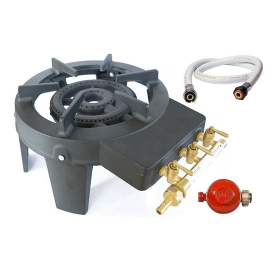 Réchaud à Gaz Fonte PROWELTEK 2 Brûleurs 9.8kW - Pack Complet Avec Détendeur Propane & Tuyau 1.5m