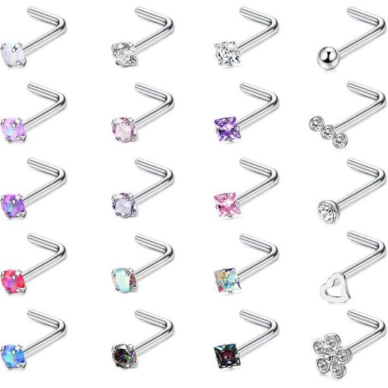 Anneaux De Nez En L - 6 à 14 Pièces - Acier Inoxydable Et Zircone - 20G - CZ Os Piercing